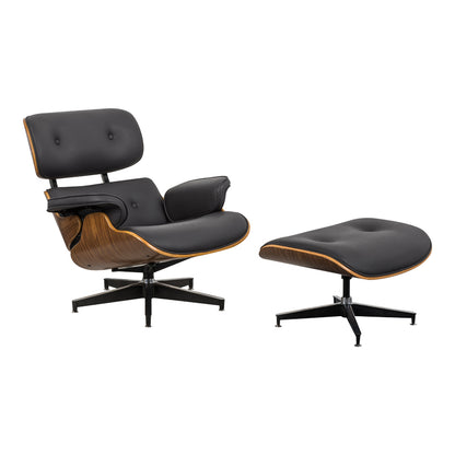 Armchair-footstool relax Jenna black pu-plywood walnut-chrome base 82x92x82cm