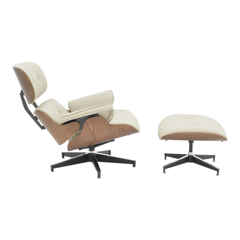 Armchair-footstool relax Jenna beige pu-plywood walnut-chrome base 82x92x82cm