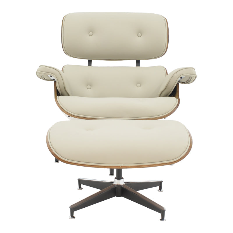 Armchair-footstool relax Jenna beige pu-plywood walnut-chrome base 82x92x82cm