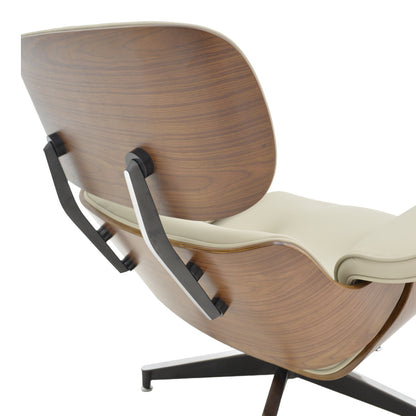 Armchair-footstool relax Jenna beige pu-plywood walnut-chrome base 82x92x82cm