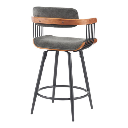 Rotating bar stool Cameo metal black-walnut wood-dark grey fabric 53x50x93cm