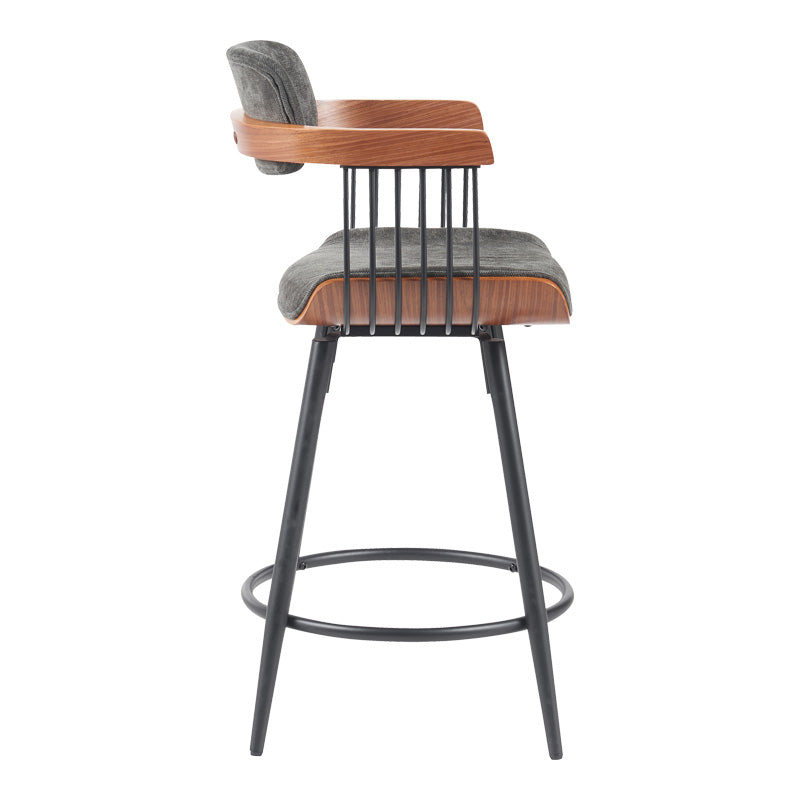 Rotating bar stool Cameo metal black-walnut wood-dark grey fabric 53x50x93cm