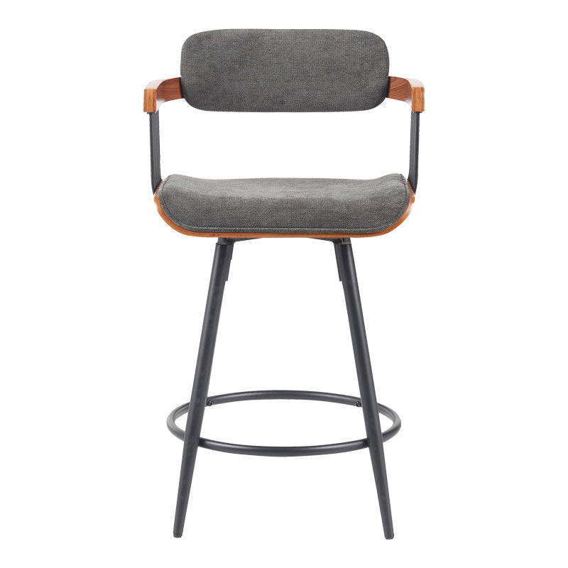 Rotating bar stool Cameo metal black-walnut wood-dark grey fabric 53x50x93cm