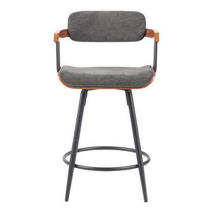 Rotating bar stool Cameo metal black-walnut wood-dark grey fabric 53x50x93cm