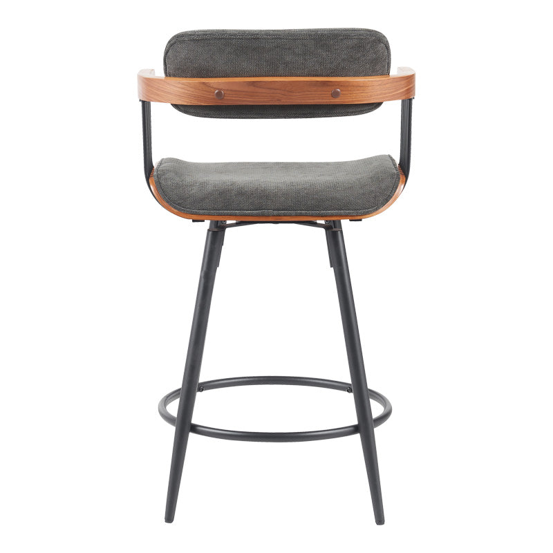 Rotating bar stool Cameo metal black-walnut wood-dark grey fabric 53x50x93cm