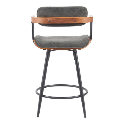 Rotating bar stool Cameo metal black-walnut wood-dark grey fabric 53x50x93cm