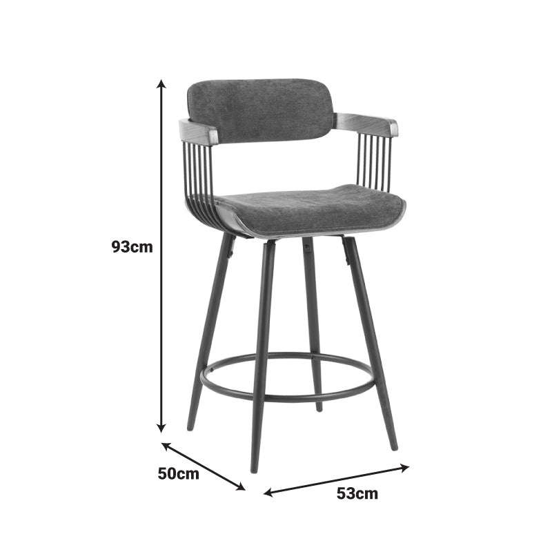 Rotating bar stool Cameo metal black-walnut wood-dark grey fabric 53x50x93cm