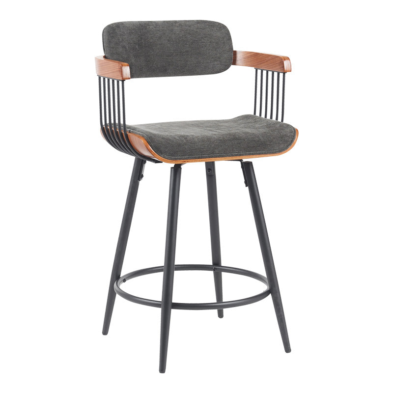 Rotating bar stool Cameo metal black-walnut wood-dark grey fabric 53x50x93cm