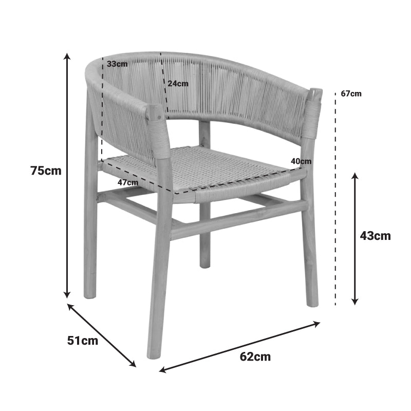 Kajone armchair teak wood skeleton in natural shade and cream pe rope 62x51x75cm