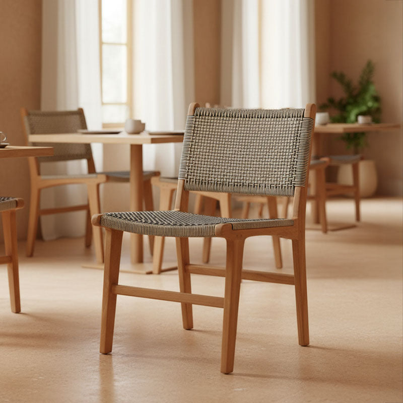 Darien chair teak wood skeleton in natural shade and cream-black pe rope 52x62x86cm