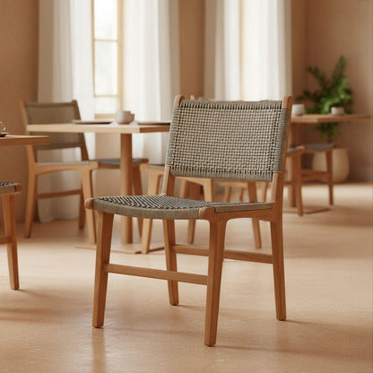 Darien chair teak wood skeleton in natural shade and cream-black pe rope 52x62x86cm