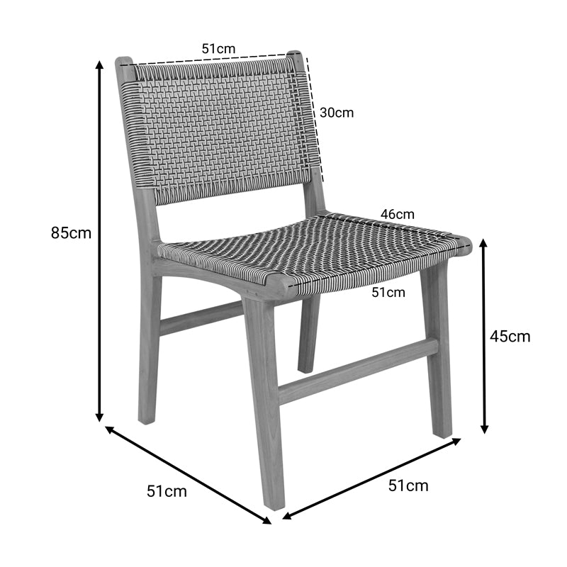 Darien chair teak wood skeleton in natural shade and cream-black pe rope 52x62x86cm