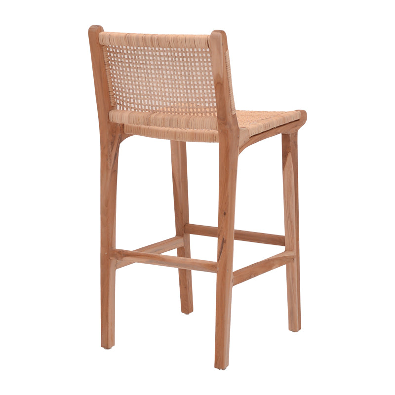 Bar stool medium height Sponze pakoworld natural color teak wood skeleton and rattan 40x47x89cm