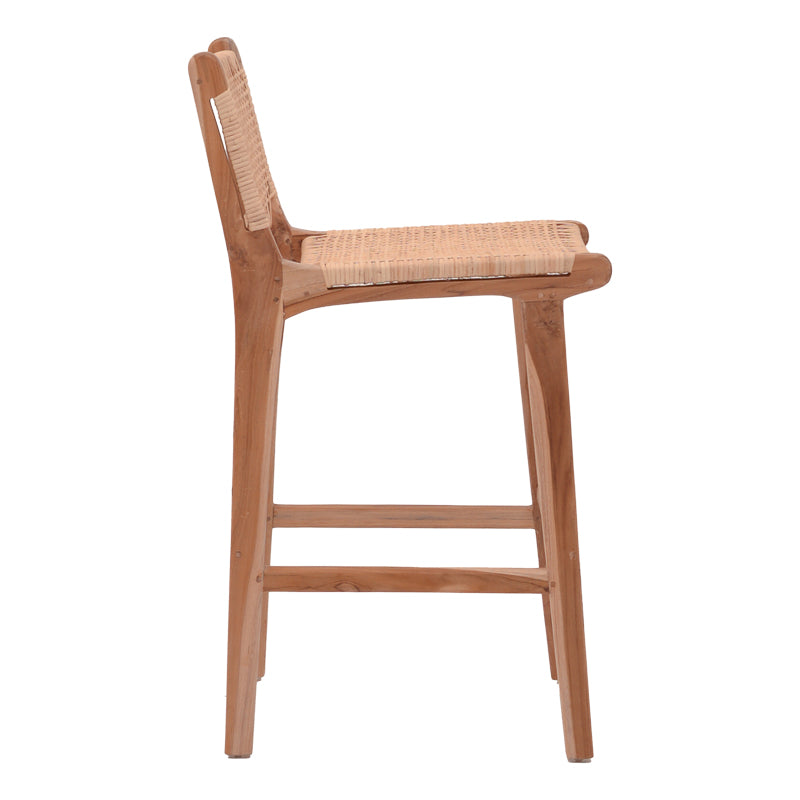 Bar stool medium height Sponze natural color teak wood skeleton and natural rattan 40x47x89cm