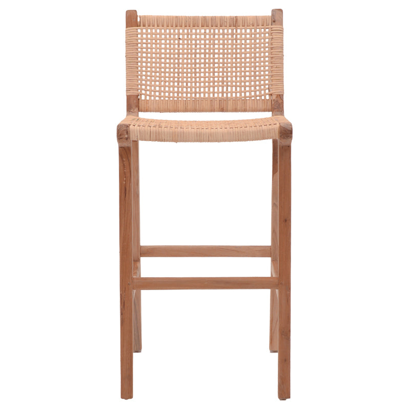 Bar stool medium height Sponze pakoworld natural color teak wood skeleton and rattan 40x47x89cm