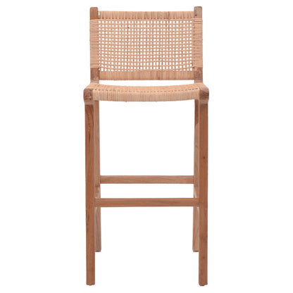 Bar stool medium height Sponze pakoworld natural color teak wood skeleton and rattan 40x47x89cm