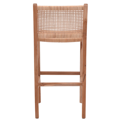 Bar stool medium height Sponze pakoworld natural color teak wood skeleton and rattan 40x47x89cm