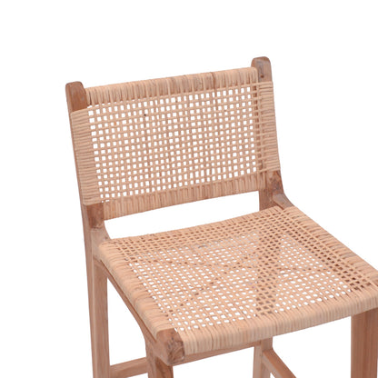 Bar stool medium height Sponze natural color teak wood skeleton and natural rattan 40x47x89cm