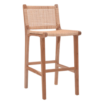 Bar stool medium height Sponze natural color teak wood skeleton and natural rattan 40x47x89cm