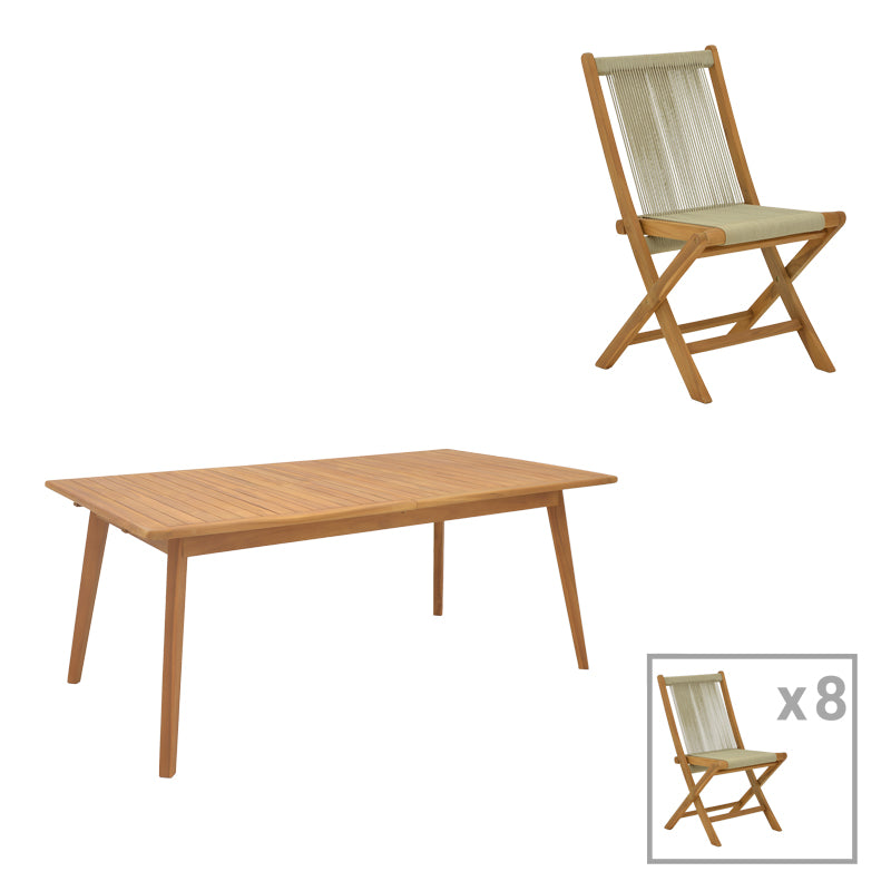 Dining set 9 pcs Banou-Pino pakoworld teak wood in natural 180/240x100x75cm