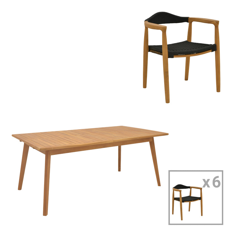Dining set 7 pcs Ganny-Pino pakoworld teak wood in natural - black shade 180/240x100x75cm