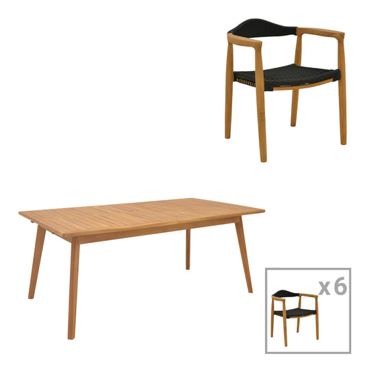 Dining set 7 pcs Ganny-Pino pakoworld teak wood in natural - black shade 180/240x100x75cm