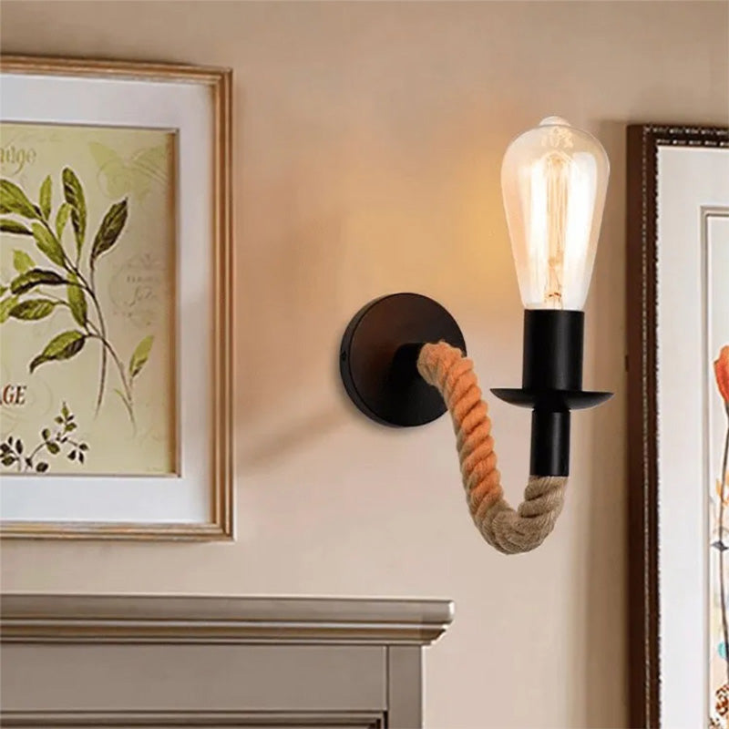 Wall light Kaniwel E27 metal and rope in black-natural color 28x10x10cm
