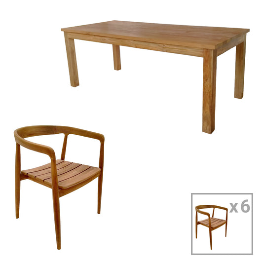 Noody-Wooly pakoworld teak wood dining table 7pcs in natural shade