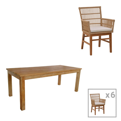 Dining table Inca-Wooly pakoworld set of 7 pieces in natural-beige shade 220x90x75cm