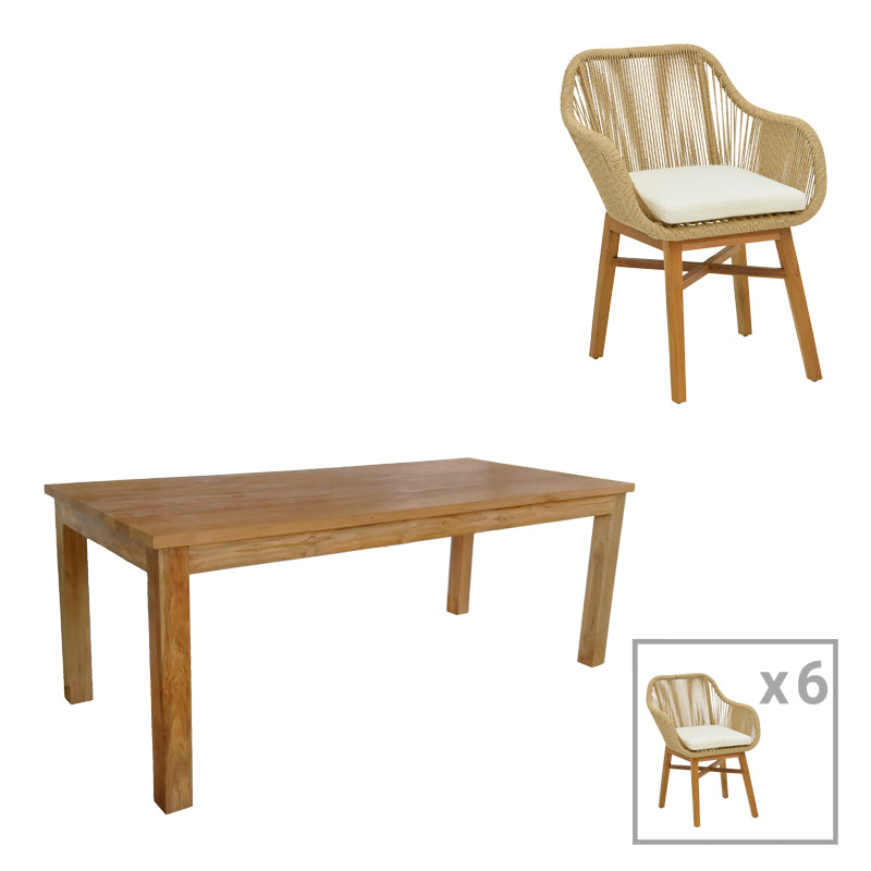 Kalie-Wooly pakoworld dining set 7pcs in natural-beige shade 220x90x75cm