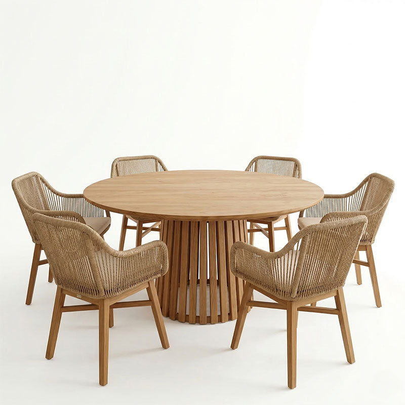 Kalie-Kenda I dining set 7pcs in natural-beige shade Φ120x75cm
