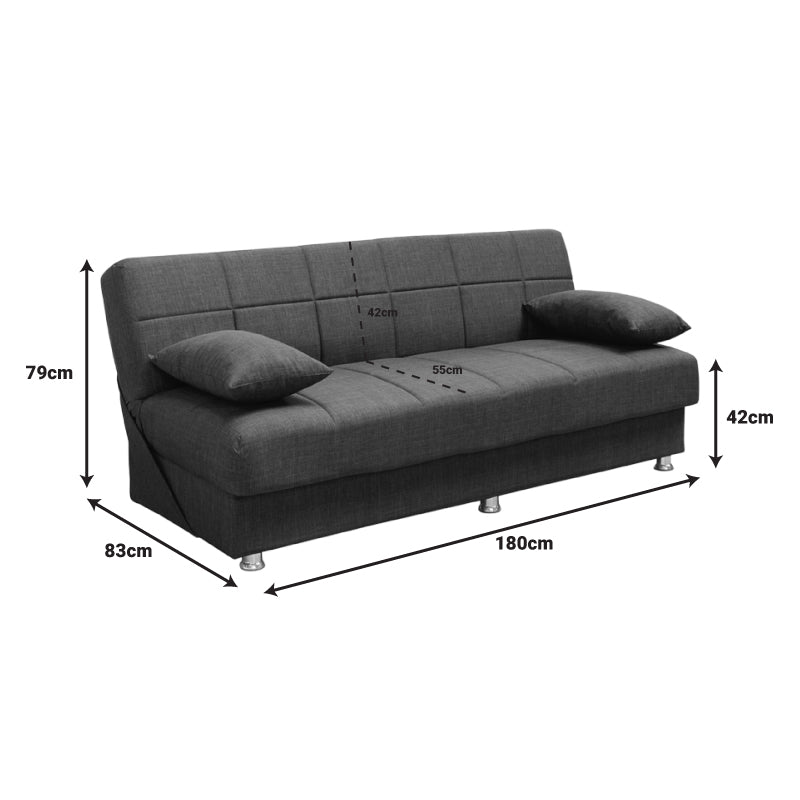 Romina pakoworld 3-seater sofa-bed with storage space fabric in black shade 180x83x79cm