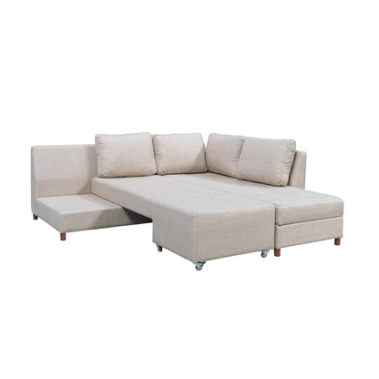 Corner sofa-bed right corner with storage space Lasy pakoworld fabric in off-white shade 290x217x89cm