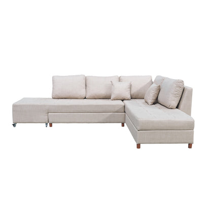 Corner sofa-bed right corner with storage space Lasy pakoworld fabric in off-white shade 290x217x89cm