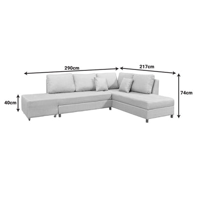 Corner sofa-bed right corner with storage space Lasy pakoworld fabric in off-white shade 290x217x89cm