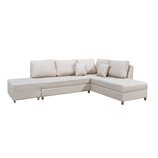 Corner sofa-bed right corner with storage space Lasy pakoworld fabric in off-white shade 290x217x89cm