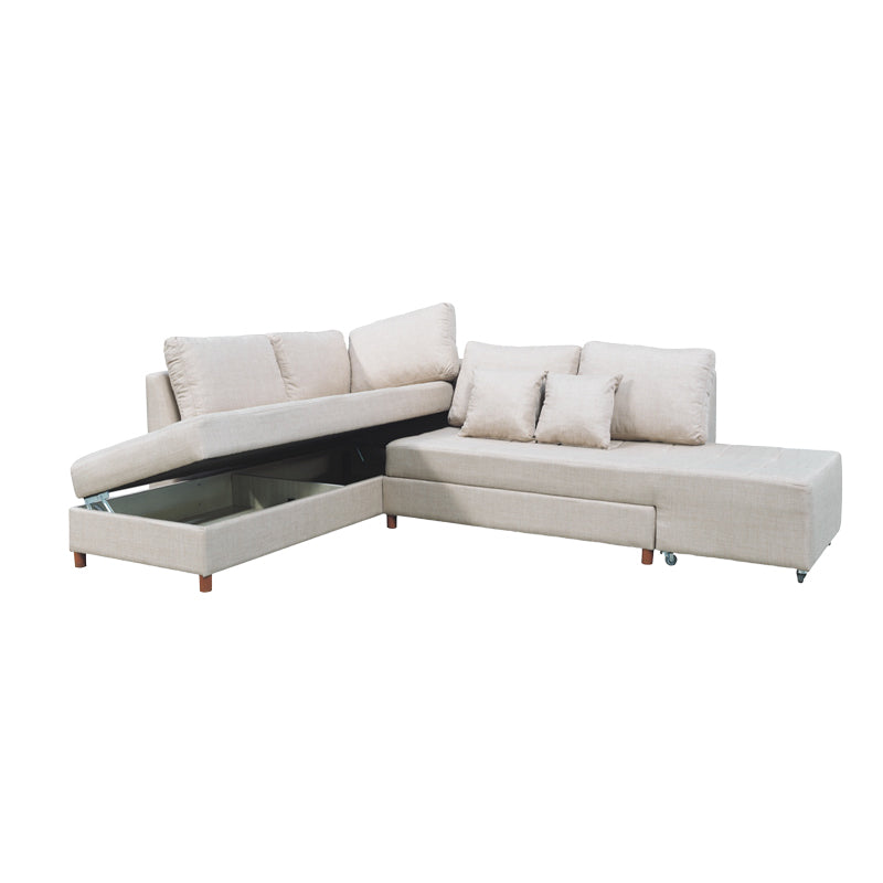 Corner sofa-bed left corner with storage space Lasy pakoworld fabric in off-white shade 290x217x89cm