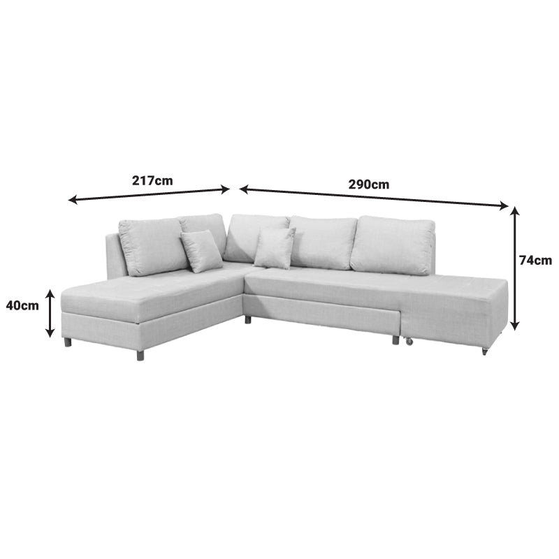 Corner sofa-bed left corner with storage space Lasy pakoworld fabric in off-white shade 290x217x89cm