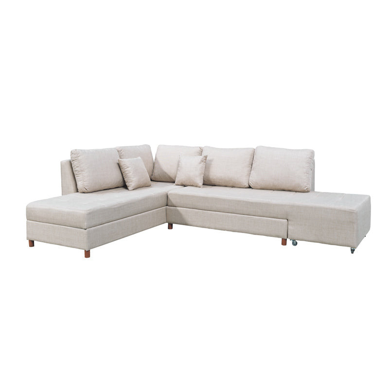 Corner sofa-bed left corner with storage space Lasy pakoworld fabric in off-white shade 290x217x89cm