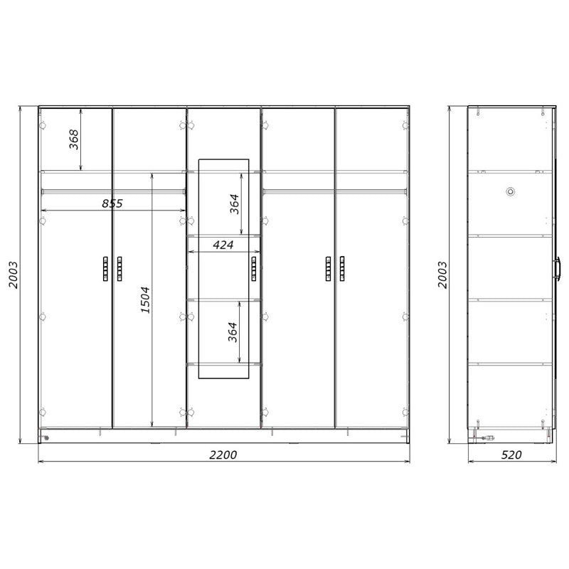 Luna five-leaf wardrobe with mirror in sonoma color 220x52x200cm