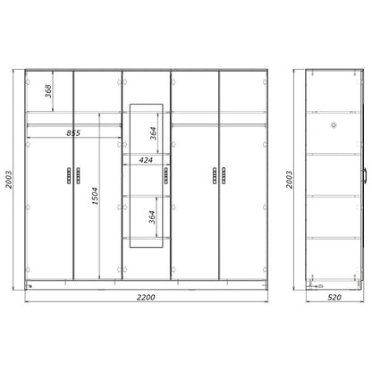 Luna five-leaf wardrobe with mirror in sonoma color 220x52x200cm