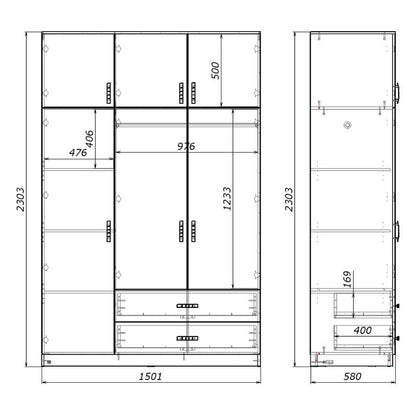 Three-leaf wardrobe with drawers Royal pakoworld in white shade 150x58x230cm
