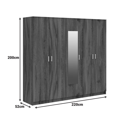Luna five-leaf wardrobe with mirror in walnut-oak 220x52x200cm