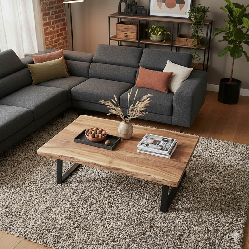 Miles Slim coffee table solid acacia wood in natural shade with black metal legs 115x60x45cm
