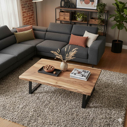 Miles Slim coffee table solid acacia wood in natural shade with black metal legs 115x60x45cm