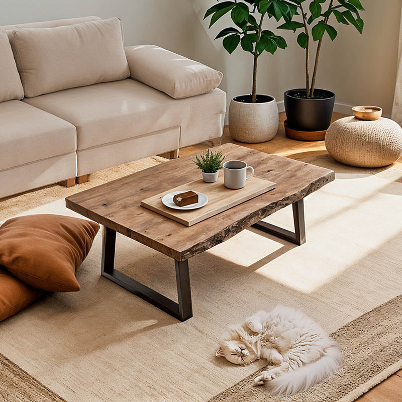 Miles coffee table solid acacia wood thickness 3.7-4cm in natural shade with black metal legs 115x60x45cm