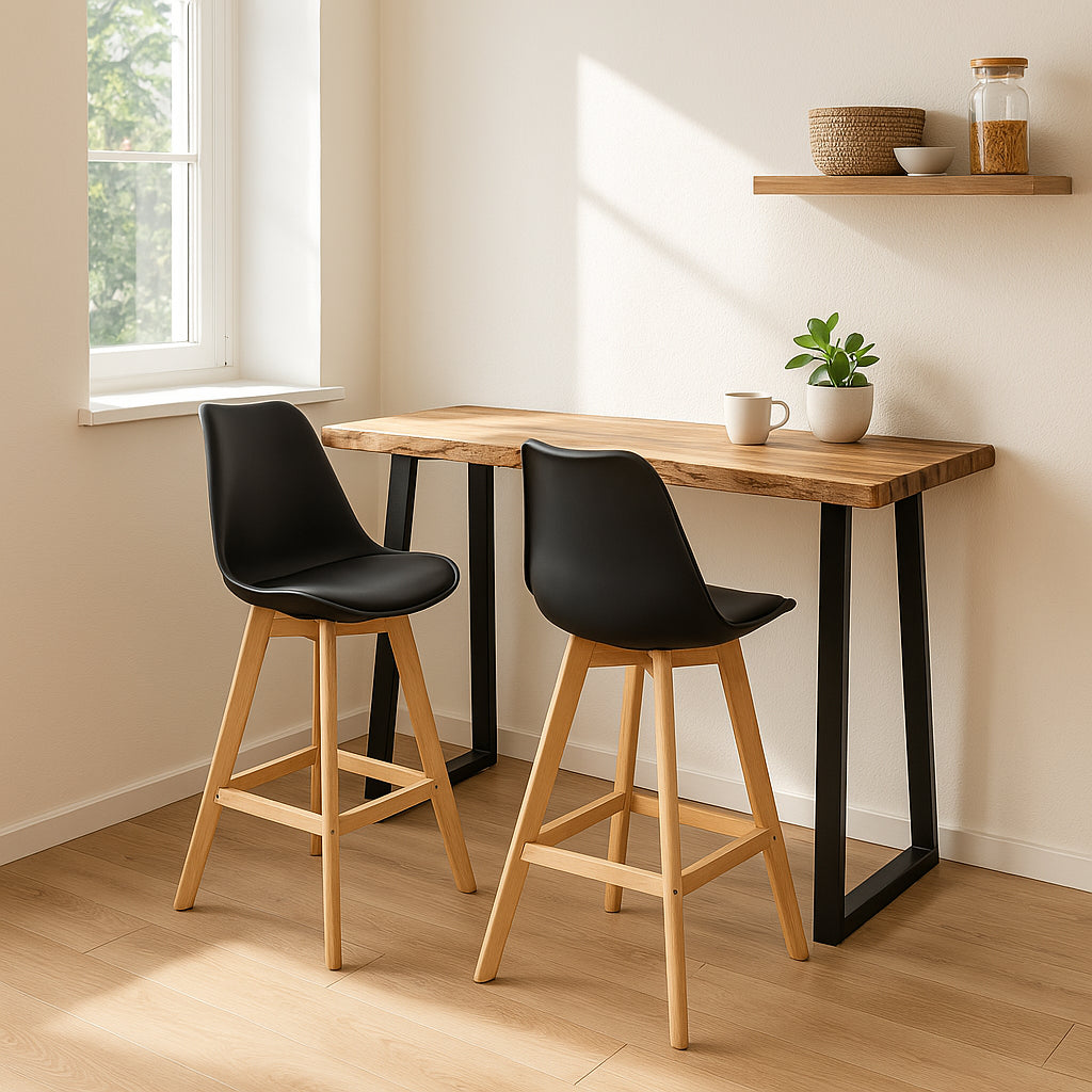 Bar table Miles solid acacia wood 3.7-4cm in natural shade with black metal legs 120x53x97cm