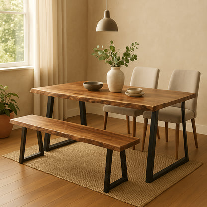 Miles Slim bench solid acacia wood in natural shade with black metal legs 160x40x45cm