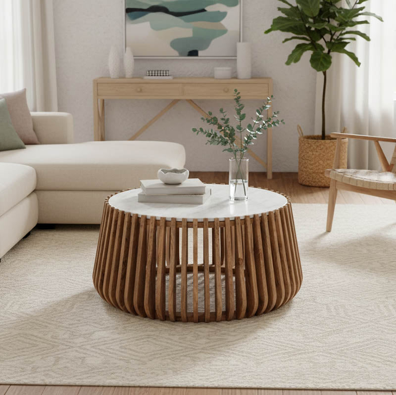 Coffee table Mable mango wood in natural color and marble look surface D80x45cm