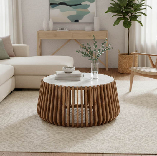 Coffee table Mable mango wood in natural color and marble look surface D80x45cm